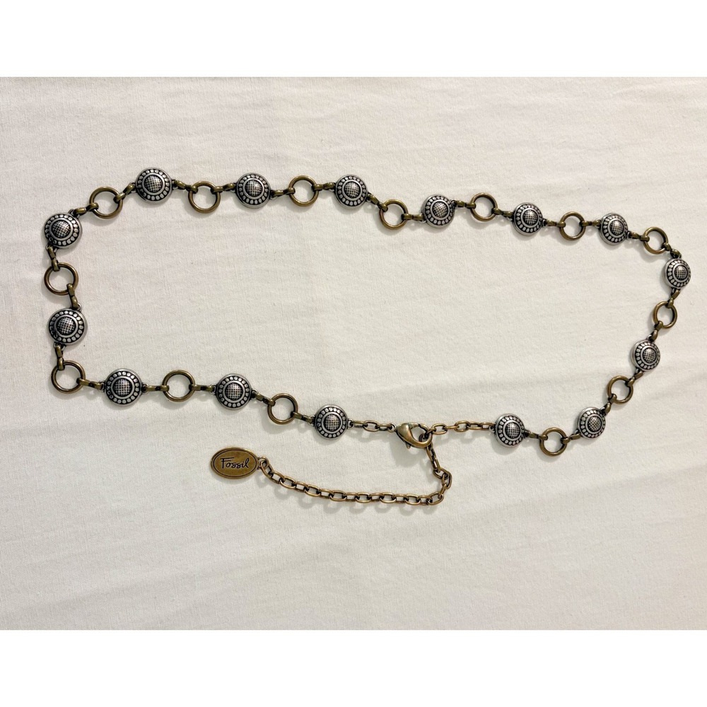 Fossil Silvertone Brasstone Chain Metal Belt Medallion Extender 36 up 42 inches